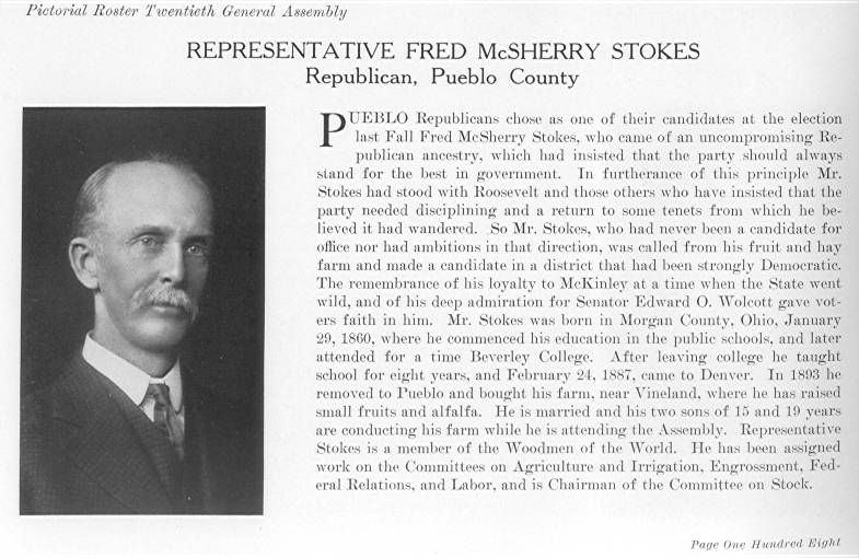Rep. Fred McSherry Stokes, Pueblo County (1915)