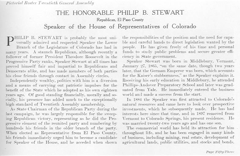 Honorable Philip B. Stewart, Speaker of the House of Representatives of Colorado (1915)