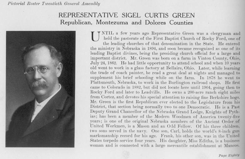 Rep. Sigel Curtis Green, Montezuma & Dolores Counties (1915)